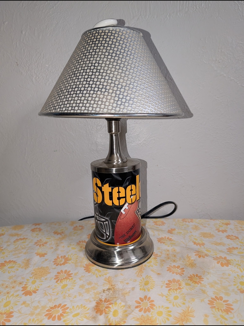 Steel Football Table Lamp with Silver Dot Shade
